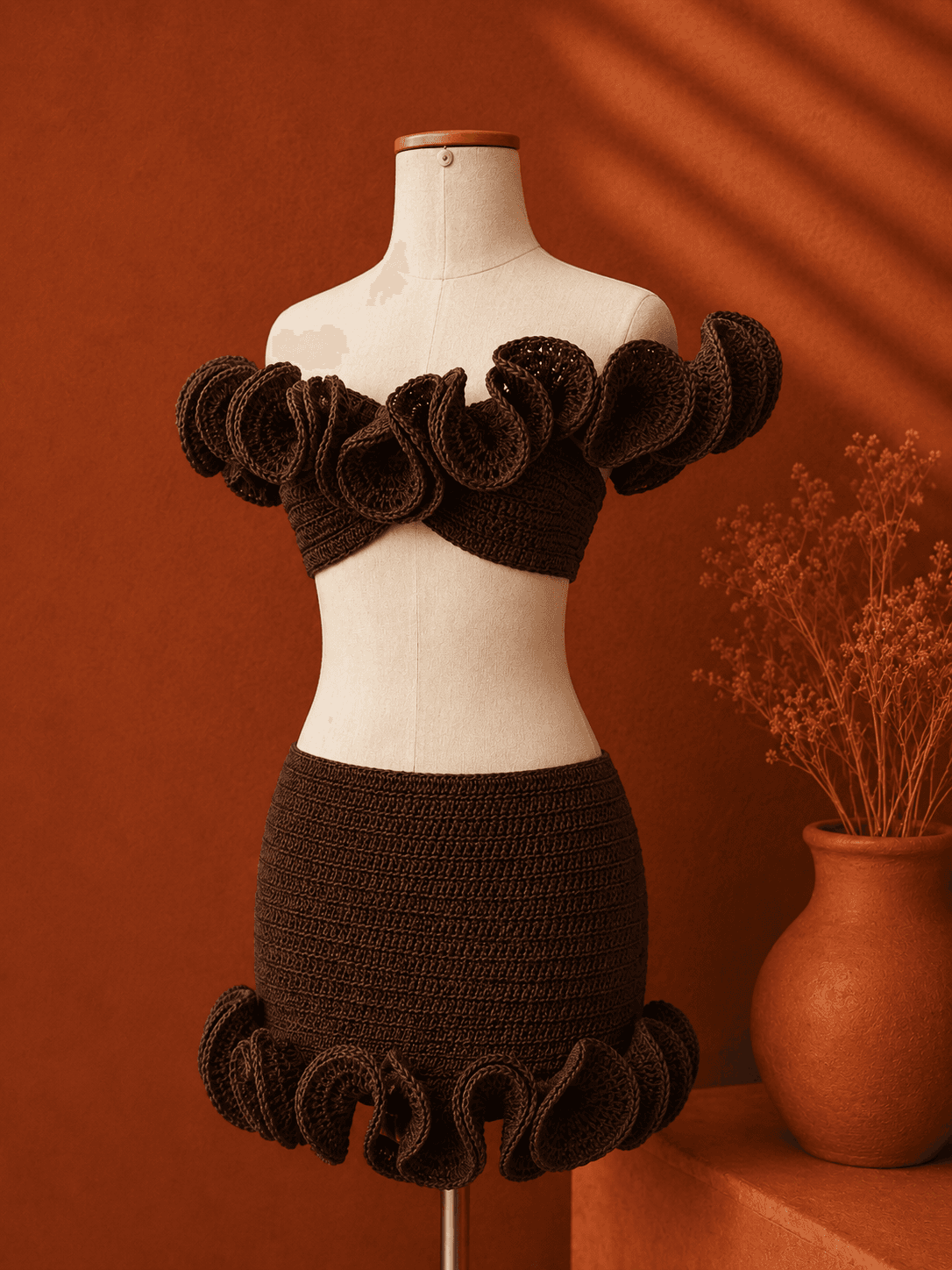 Conjunto Macambira em crochê artesanal vermelho chama, inspirado na resistência da macambira e na força do sertão nordestino, pertencente à Coleção LUAR Inverno 2026.