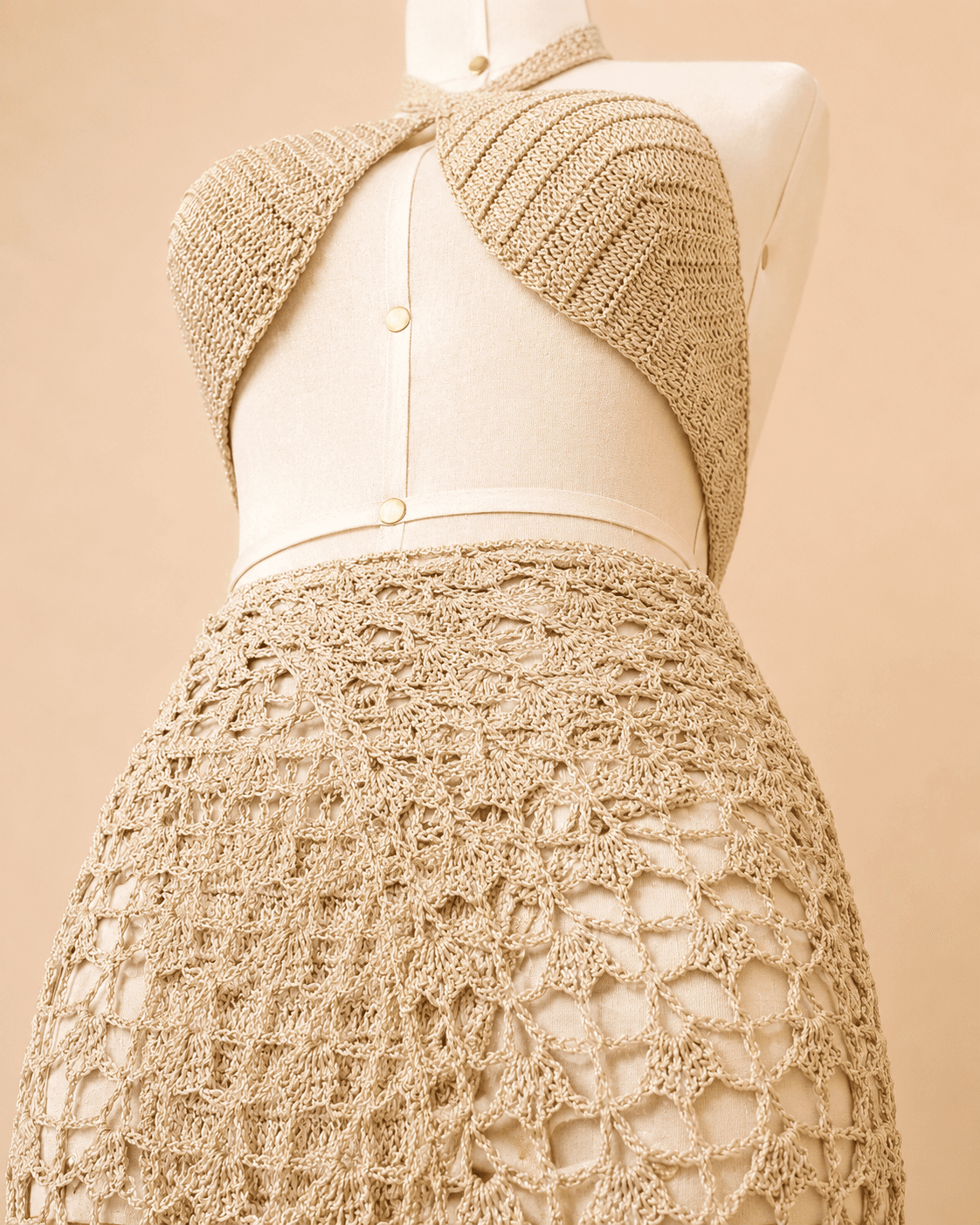 Conjunto de crochê bege com top e saia, feito à mão, exibido em manequim off white com fundo neutro